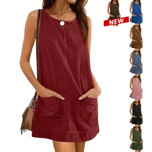 Women's Corduroy Overall Dress Round Neck A Line Skirtall Jumper Mini Dress Pinafore with Pockets#TikTokShopBlackFriday