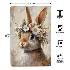 Easter Bunny Floral Wreath Tin Sign - Vintage Spring Wall Art Decor,8x12 Inch, Cute Rabbit with Flowers for Home Decor, Easter Gift, Living Room Bedroom Office, 2D Flat Artwork, Bedroom Artwork