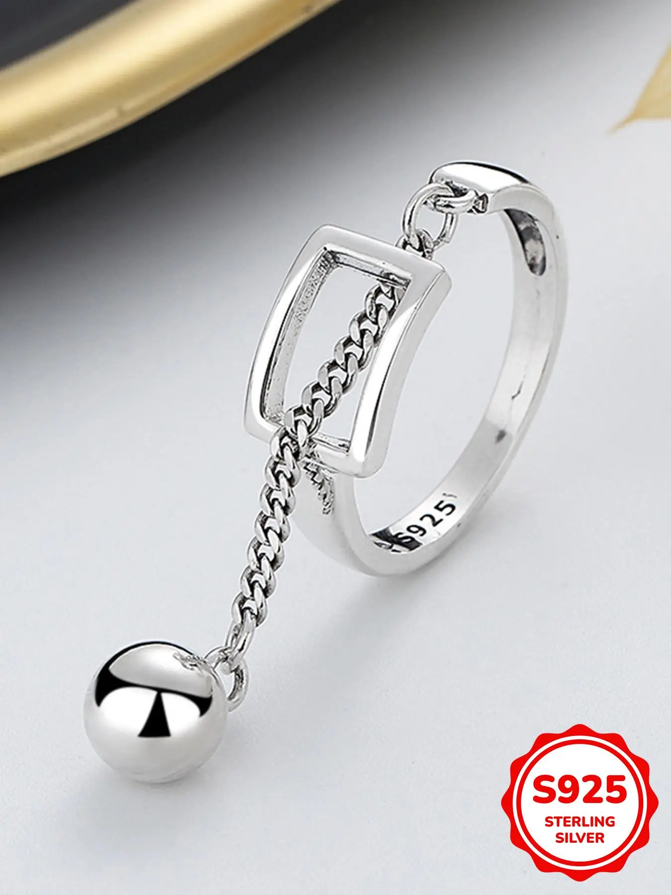 S925 Sterling Silver Creative Hollow Geometric Splicing Tassel Ball Chain Ring, Fashion Jewelry Accessories for Women, Trendy All-match & Exquisite Je