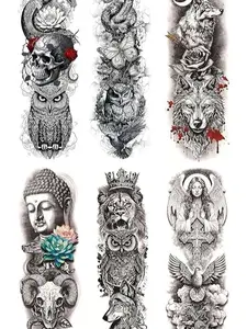 6 Sheets Temporary Tattoo for Men and Women, Halloween Full Arm Fake Tattoos, Waterproof Realistic Buddha Snake Skull Animal Sleeve Tattoos Long lasting