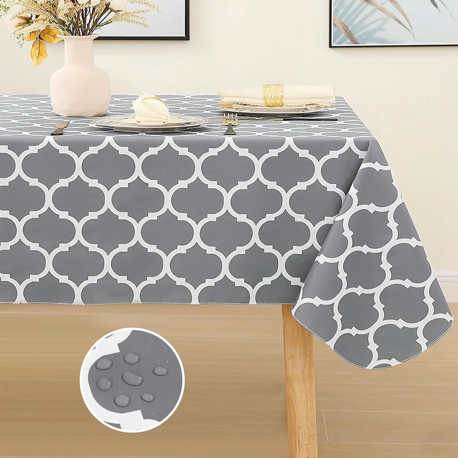 Rectangle Tablecloth, Waterproof Vinyl Tablecloths with Flannel Backing for Rectangle Tables, Wipeable Spillproof Plastic Tablecloth for Dining, Camping, Indoor and Outdoor (60" x 84", Grey)