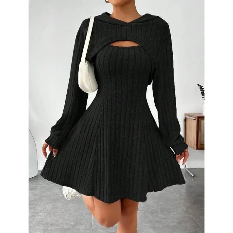 Women's 3-Piece Solid Color Knit Ribbed Dress Set - Elastane Long Sleeve Hoodie, Shrug Top, Sleeveless A-Line Tank Dress, Casual Elegant Black Chic Sports Outerwear - Machine Washable, Dry Clean Option, 3 Pieces, Plain