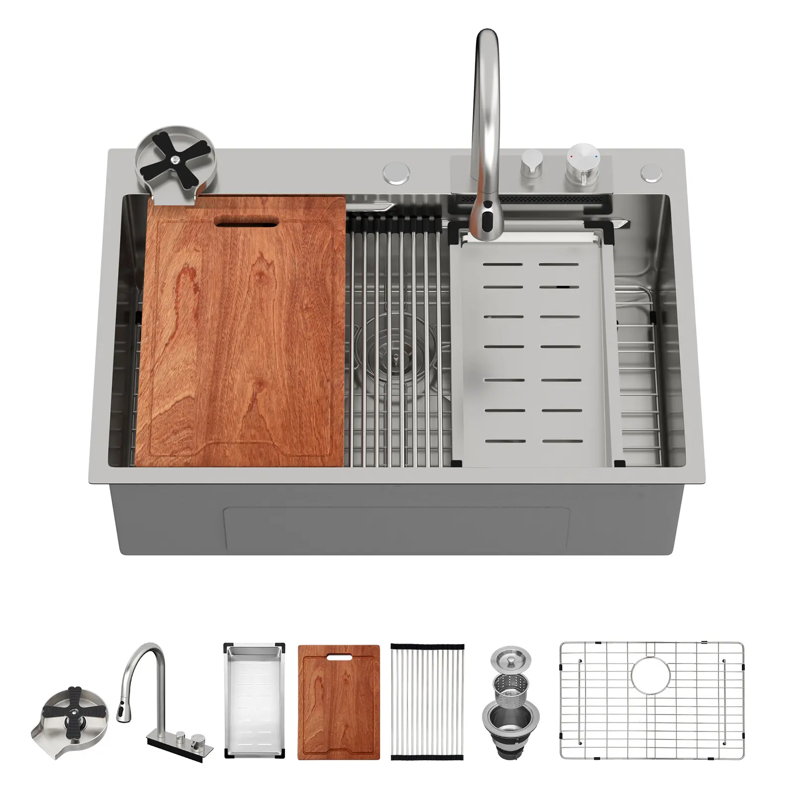 Sarlai 33x22 Waterfall Kitchen Sink Single Bowl Drop In Kithcen Sink 16 Gauge Stainless Steel Workstation Sink With Facuet, Glass Rinser Faucet