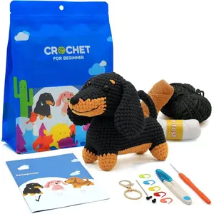 Crochet Kit for Beginners with Step-by-Step Video Tutorials Crochet Animal Kit Crochet Starter Kits for Adults Kids - Dachshund(Black)