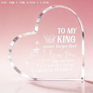 Heart Shaped Acrylic Plaque for Him, To My King I Love You Engraved Acrylic Decor, Anniversary Valentine's Day Gifts for Boyfriend Husband, Romantic Birthday Gifts for Men, Home Office Desk Decor