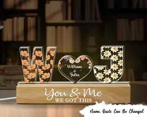 Couple Initials Birth Month Flower Anniversary Gift Personalized Acrylic Block LED Night Light, Valentine Gift For Husband Wife, Custom Night Light