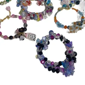 Memory Wire Bracelets with Glass Beads and Flowers - Multicolor Beaded Design