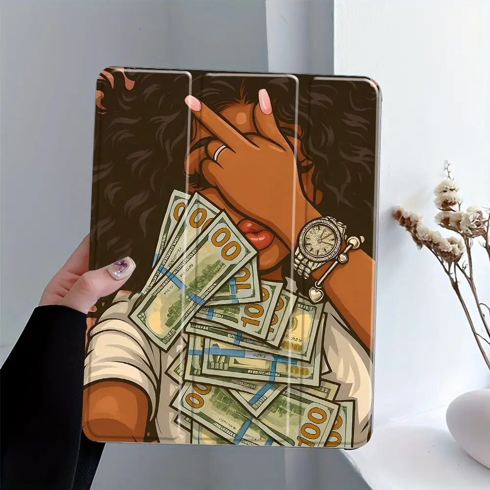 Cool Hustle Girl Money iPad Case with Pencil Slot, Triple Fold Stand, Auto Wake/Sleep, Full Shockproof Protection, Fits iPad 7.9/8.3/10.2/10.5/10.9/11/12.9/13 inch, Perfect for School & Daily Use, Tablet Covers