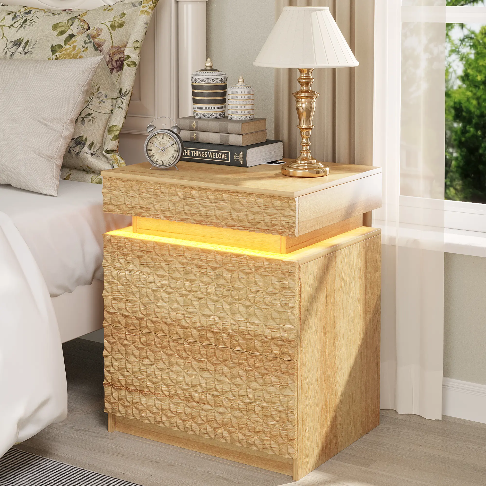 Dystler Farmhouse LED Nightstand - Wood Indoor Bedside Table with 2 Drawers (Including 1 Hidden Drawer), Stylish Bedroom End Table