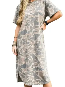 Women's Long Camouflage T-Shirt Dress - Casual Short Sleeve Camo Shirt Dress with Side Slits