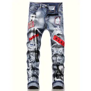 Men's Slim Fit Straight-Leg Distressed Jeans - Vintage Washed Denim with Embroidered Slogans & Patches, Stretch Comfort, Machine Washable, All-Season Streetwear Style