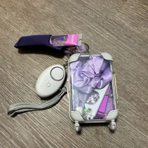 Cute Keychain in a Tiny Suitcase Includes Leather Keychain Lipgloss Holder Lipgloss Touchless Door Opener Can Opener Personal Alarm Tiny Pompom Scrunchie Hair Tie