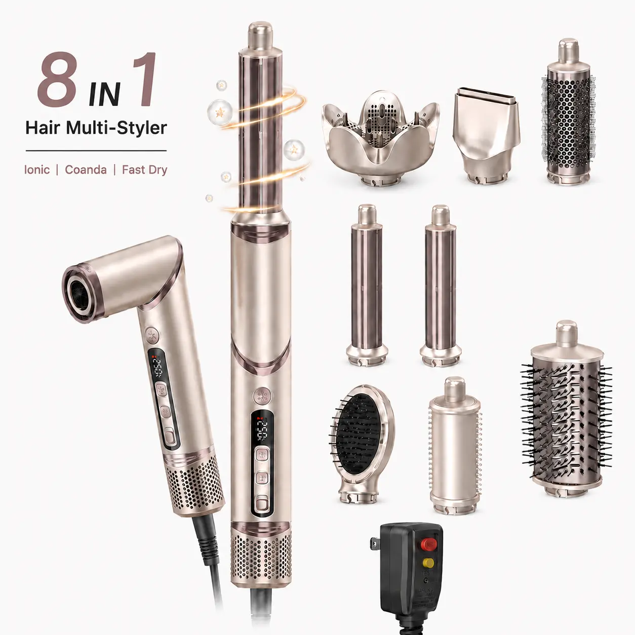 EasyinBeauty 8-in-1 Hair Dryer Brush & Air Styler, 110,000 RPM High-Speed Hair Dryer with Auto Curling Barrels, Volumizing Blowout Brush, Diffuser & Ionic Styling, Champagne Gold, Gift for Women