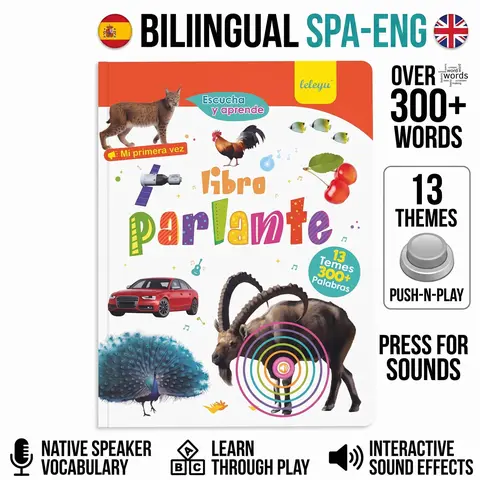 leleyu toddler learning activity，Spanish&English Bilingual Sound Book for Kids Ages 1–6, Interactive Educational Toy with 300+ Words & 13 Themes, Multilingual Language Learning Tool, Educational Toys for Kids & Gift Idea