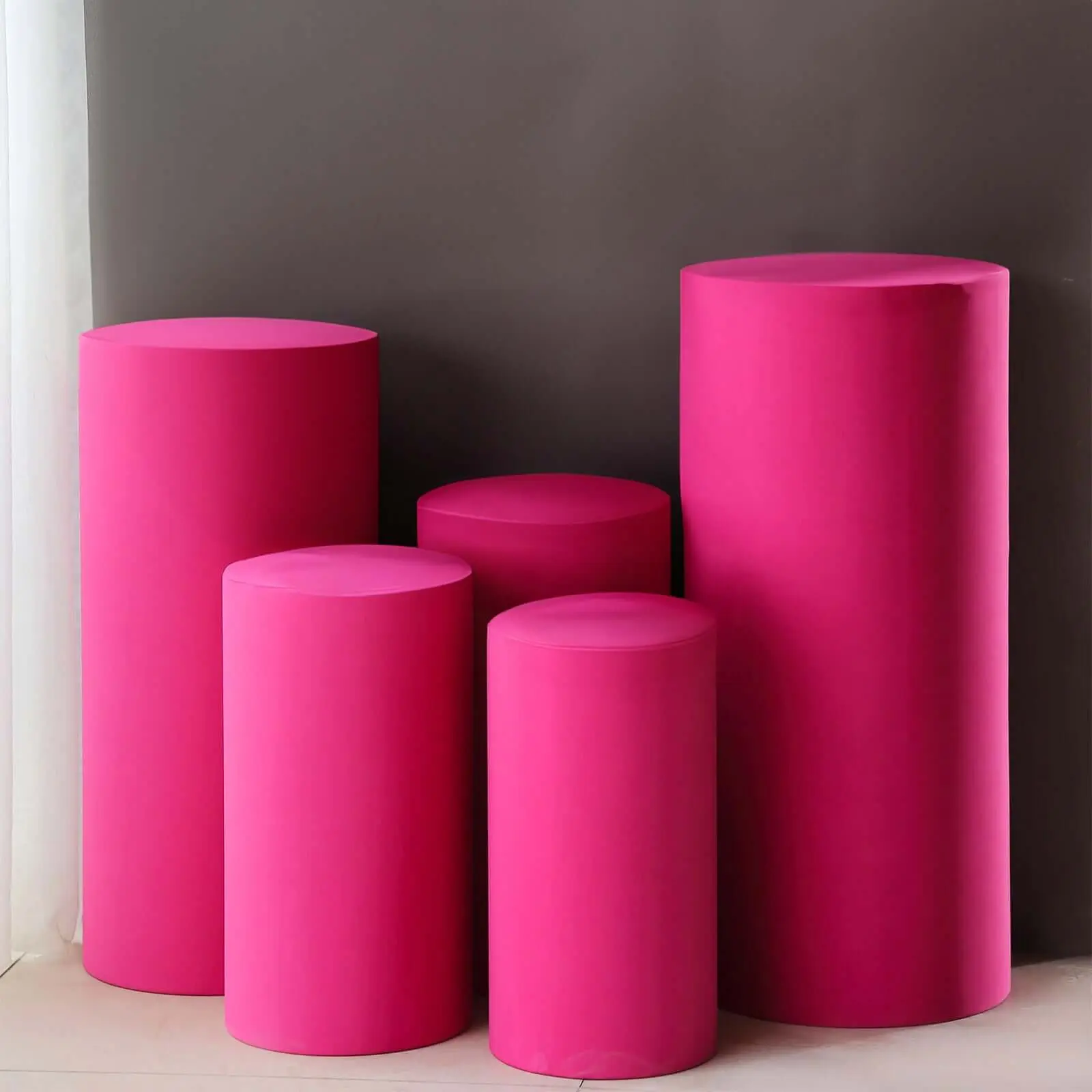 5-Piece Fuchsia Spandex Cylinder Pillar Prop Dust Covers, Stretchable Pedestal Stand Machine Washable Covers - 160 GSM for Room Decor, Dust Cover