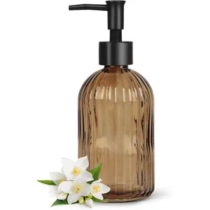 Stripe-Patterened Glass Soap Dispenser with Black Plastic Pump, 400ml Liquid Hand Soap Dispenser, Rustproof Pump for Kitchen & Bathroom, Great for Lotions, Essential Oil, Liquid Soaps-Amber