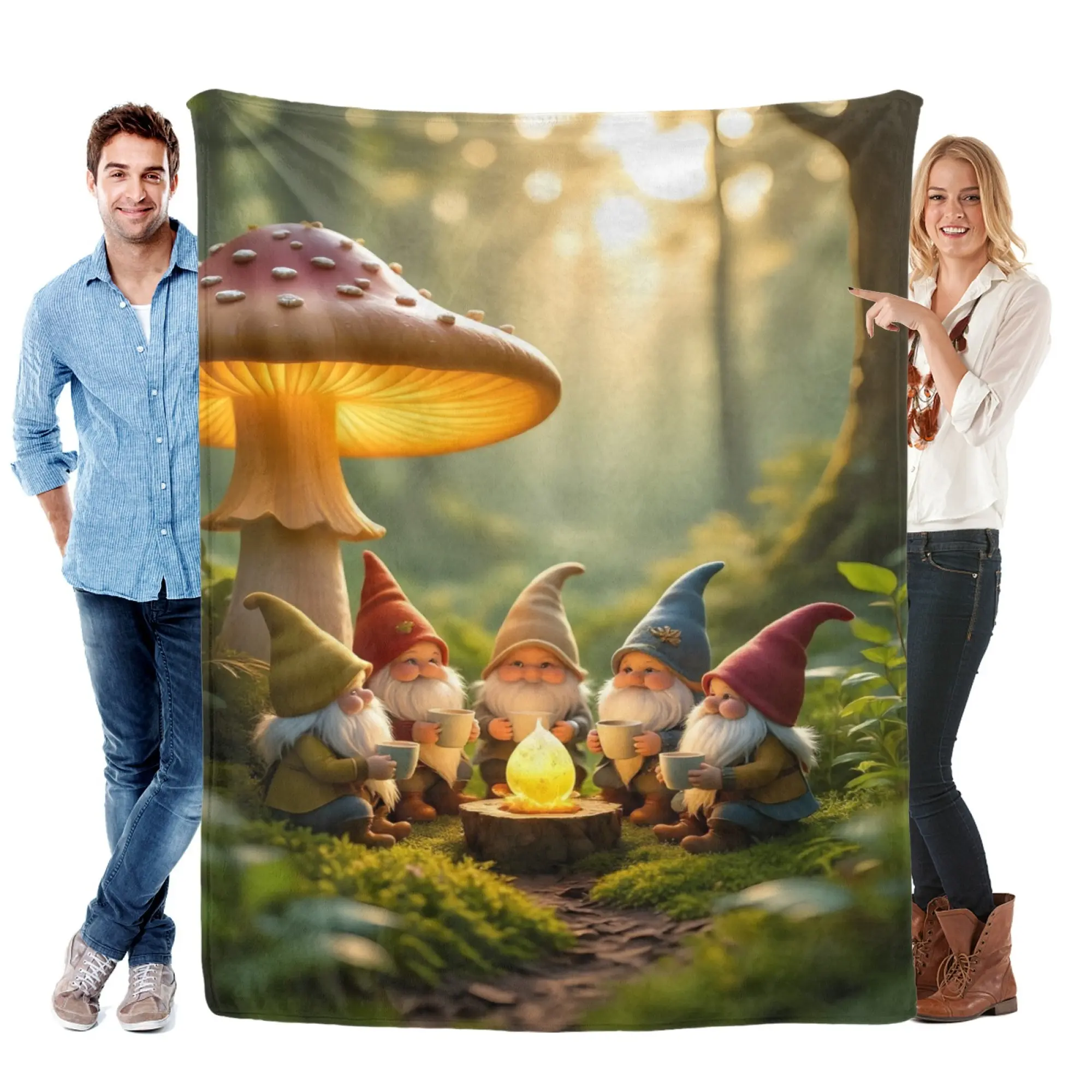 Forest Gnomes Flannel Throw Blanket, Cute Gnome & Glowing Mushroom Fantasy Print, Soft Cozy Warm Fleece Blanket for Sofa Couch Bed, Cottagecore Woodland Home Decor and Unique Gift for Gnome Lovers