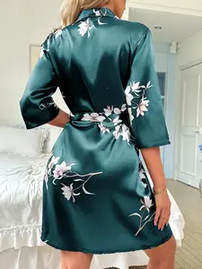 Floral Satin Lounge Robe, Elegant Comfortable Loose Fit Long Sleepwear, Home Wear Bathrobe with Belt, Stylish Relaxing Garment, Womenswear