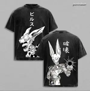 Beerus God of Destruction DB Super Anime Shirt Vintage Washed Oversize T Shirt Black Grey Retro Graphic Powerful Divine Energy Streetwear