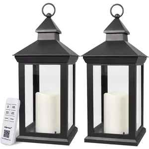 2-Pack 14" Candle Lanterns Outdoor Waterproof Decorative Lights with Timer Remote -Cool White Vintage Lantern Outdoor Decor