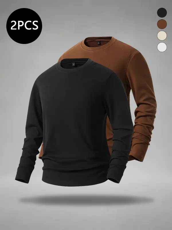 2-Pack Men’s Sweatshirts, Crew Neck, Solid Color, Long Sleeve Base Layer Tops — Casual, Loose Fit, Comfortable, Classic Everyday Wear, Versatile Tops