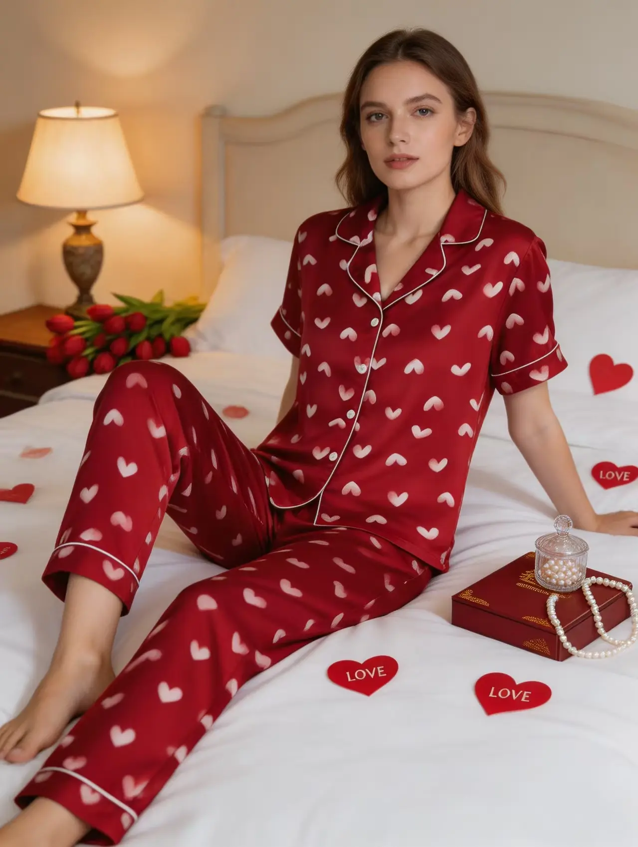 Women's Pajama Set, Stylish Short Sleeve Satin Sleepwear with All Over Heart Print, Collared Button Front Loungewear, Thoughtful Valentine's Day Gift, Style, Thoughtful Gift, All Over Print, Shortsleeve, Button Down, All Over Hearts