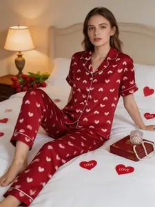 Red Heart Print Satin Pajama Set for Women  Short Sleeve Button Down Sleepwear  Valentine's Day Loungewear
