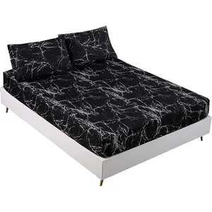 Black Marble, Super Soft Microfiber Bed Sheet 3 count, Marble Bedding Sheet Set Included 1 Fitted Sheet with 2 Pillowcases, 14 Inches Deep (, Black)