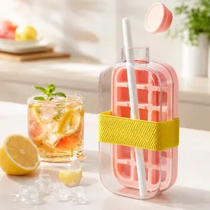 2026 2-in-1 Ice Cube Bottle with Straw, Touch-Free Ice Cube Tray Water Bottle, Easy Release Freezer Bottle, Leak Proof Summer Cold Drink Cup for Home Office Travel summerwins