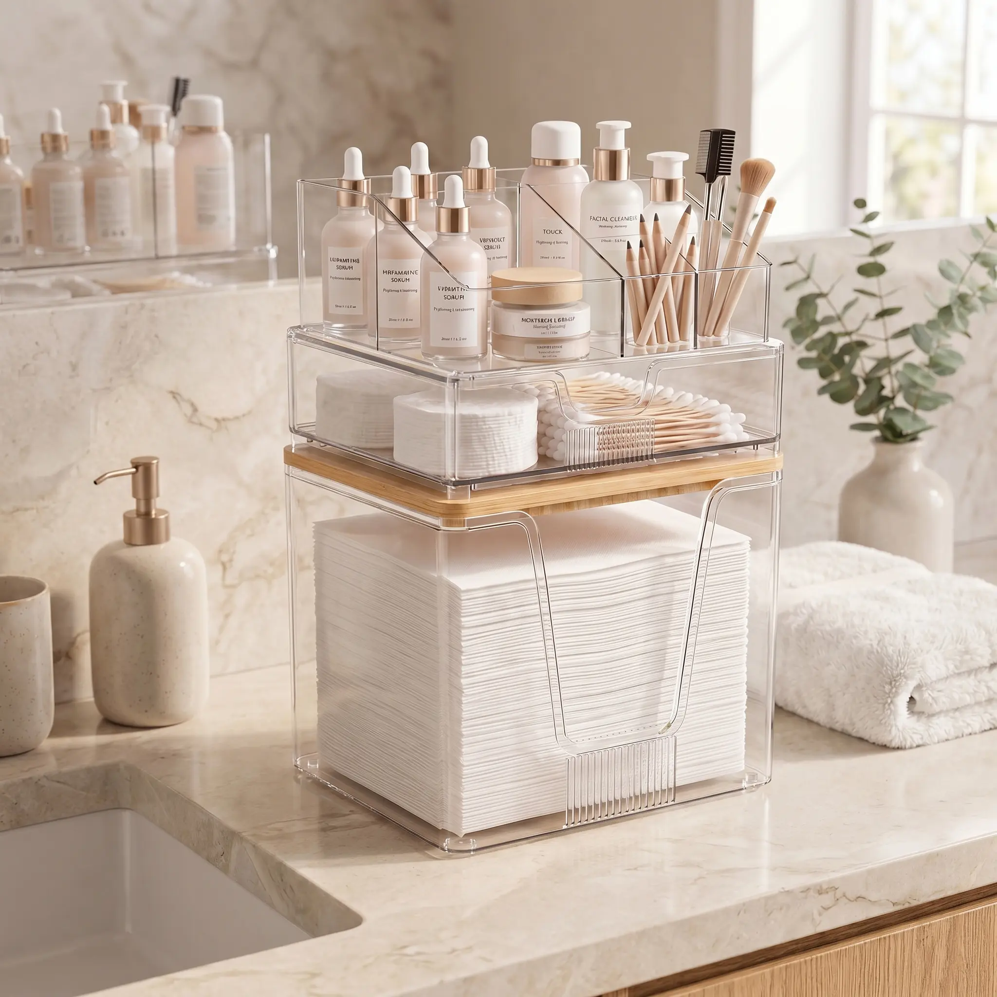 Acrylic Vanity Organizer with Bamboo Lid, 3-in-1 Clear Makeup Storage Caddy for Disposable Facial Towel, Cotton Ball & Cotton Swab Dispenser, Compatible with Clean Skin Club XL Towels, Bathroom Countertop Organizer