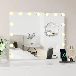 【GARVEE】Vanity Mirror with 15 LED Bulbs, 3X Magnifying, 3 Colors Modes, USB & Type-C Charging, Alloy Metal, Touch Control, Tabletop, White