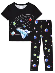 Boys' 2-Piece Short Sleeve Long Pants Sleepwear Set, Satellite Print Casual Comfortable Pajamas, Casual Comfy Pajama, Perfect for Daily Wear, Summer Pjs
