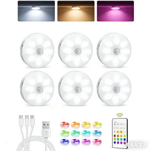 Rechargeable Motion Sensor LED Puck Lights 6 Pack, RGB Color Changing & Stepless Dimmable, Magnetic Wireless Under Cabinet Lighting with Remote, Closet Night Light for Kitchen Cabinet Home Decor