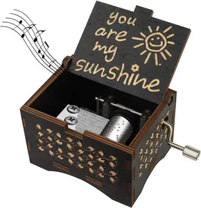 Dream Loom Wooden Music Box, Hand Cranked Laser Engraved Small Musical Boxes for Kids, Play You are My Sunshine Melody