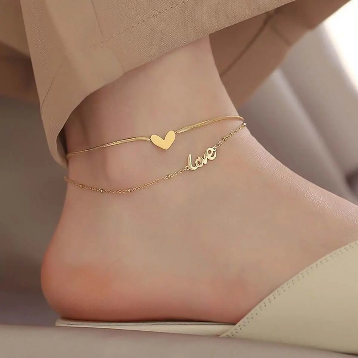 Women's Trendy Heart Cutout Anklet, Delicate Double-Layered Metal Chain, Elegant Daily Wear Fashion Chic Accessory, Gift for Her, Fashion Chic Accessories, Foot Jewelry