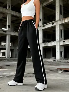 Women's Sporty Casual Basic Striped Straight Leg Pants, Loose Fit with Pockets & Drawstring Side Stripes, All-Season Comfortable Wear, Drawstring Waist Sweatpants, Casual Sportswear Pants