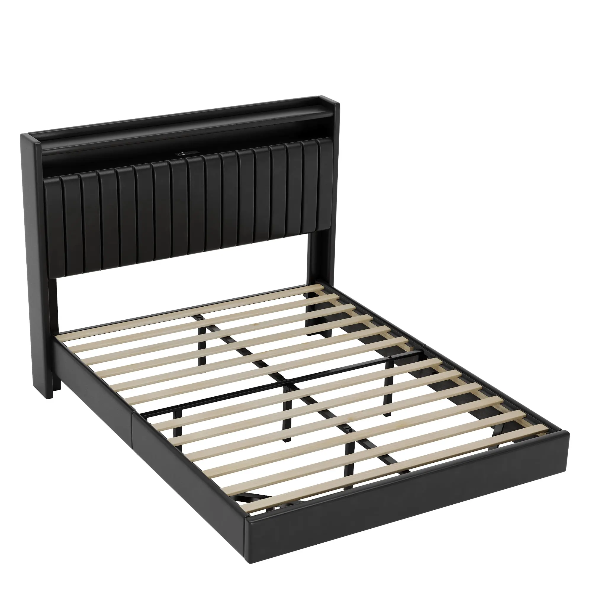 Gaomon Queen Full-Size Durable Wood Floating Upholstered Leather Bed Frame, 50” Adjustable Storage Headboard, Color-Changing RGB Lights, Built-In Wireless USB Port Charging Station, Silent Easy Assembly, No Box Spring Needed, Black