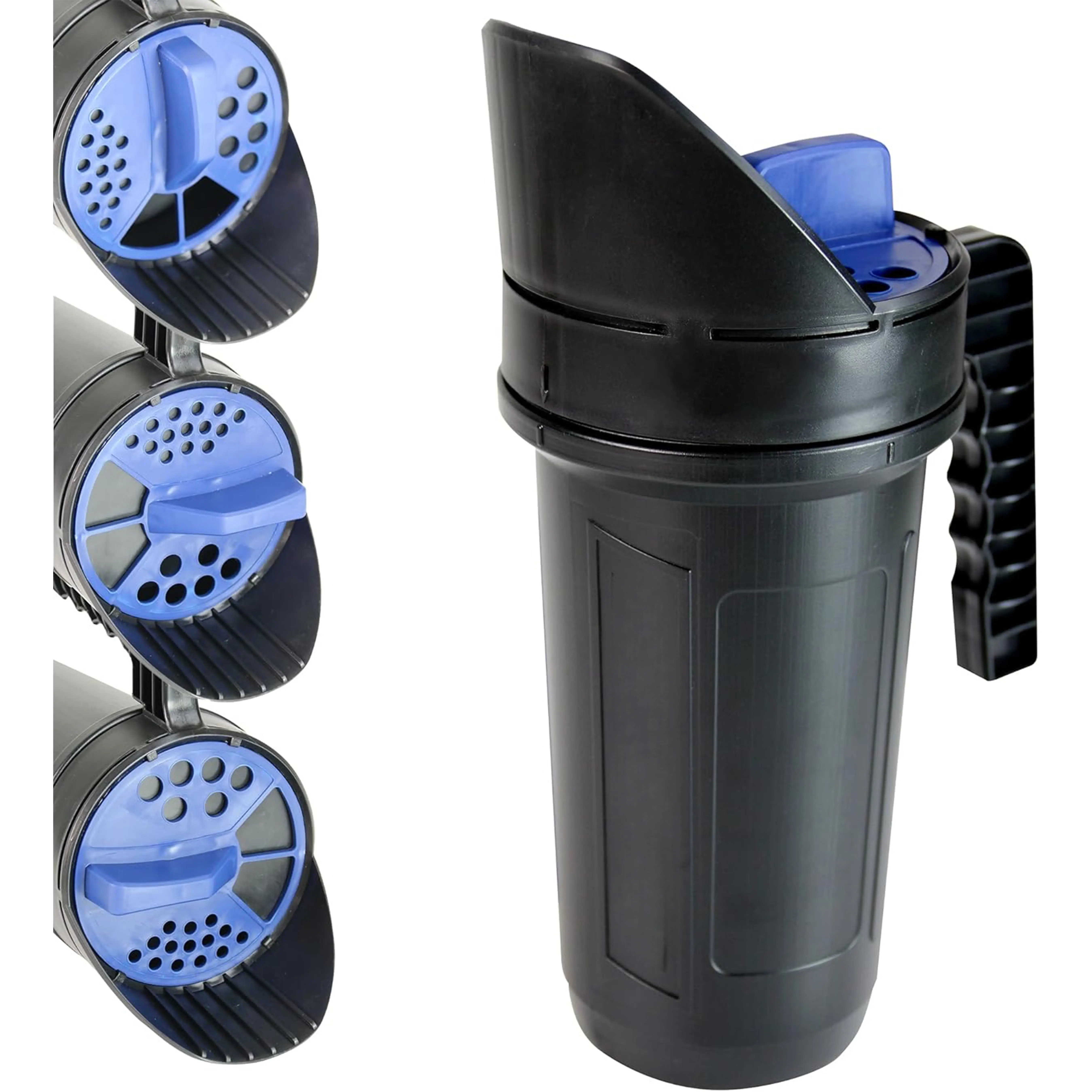 8740A: 64-Ounce Black Poly Hand Shaker Spreader for Turf, Fertilizer, Grass Seed, Salt and Sand, Year-Round Use, Large Grip Handle with 3 Openings for Pellets and Particles