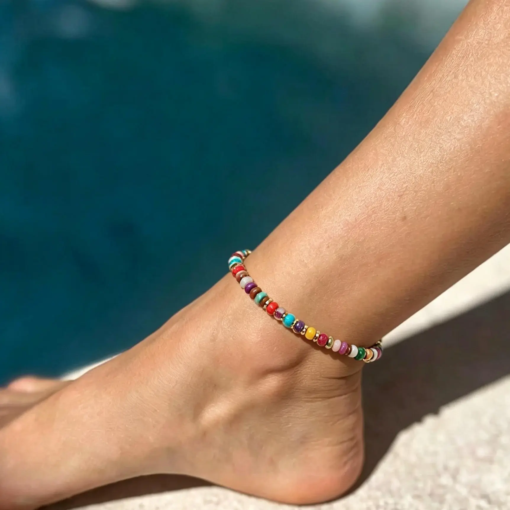 TASISO Boho Natural Turquoise Bead Anklets for Women - Dainty Adjustable Chain Stone Anklets with Abacus Spacer Beads, Aesthetic Style for Summer Beach