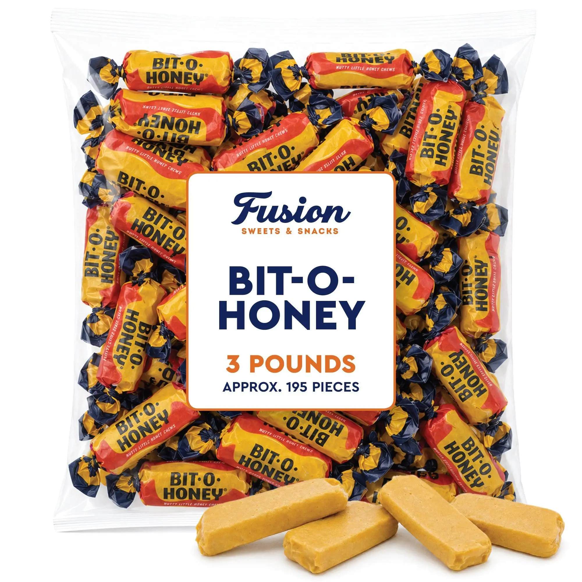 Bit-O-Honey Candies - 3 LB Bulk Heat-Sealed Bag - Individually   Wrapped Candy  Retro Everyday Snack - Chewy Real Honey & Almond Taffy, Contains Almonds, Ideal for Cupboard Storage, Suitable for All Ages Bulk Candy Soft