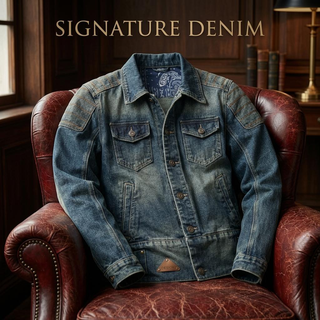 Men's Vintage Washed Denim Jacket, Retro Distressed Biker Jean Jacket with Paisley Lining, Classic Trucker Jacket with Shoulder Stitching, Casual Button-Down Motorcycle Denim Coat for Men, Fashion Streetwear Denim Jacket for Daily Wear, Riding, Outdoor