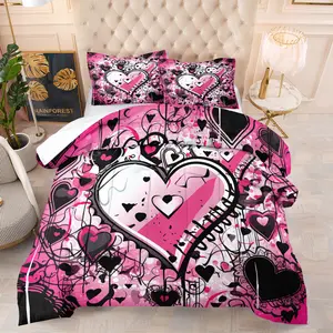 3pcs Valentine's Skull Heart Punk Quilt Set, Soft Comfortable Summer Quilted Blanket with 2 Pillow Cases for Home & Dorm Use