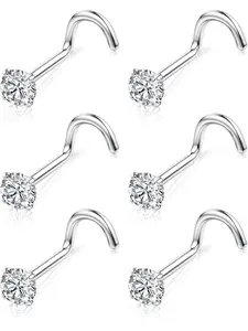 6Pcs G23 Titanium Nose Studs Screw L Shaped Nose Piercing Jewellery 3mm Clear CZ Nostrial Piercing Silver Gold Nose Stud for Women Girls Men 18G 20G Nose Piercing Jewelry