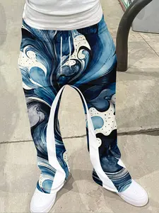 Marble Watercolor Wave Print Bell Bottoms, Blue Fluid Art Casual Long Pants, Fitted Geometric Pattern, All Seasons Fashion