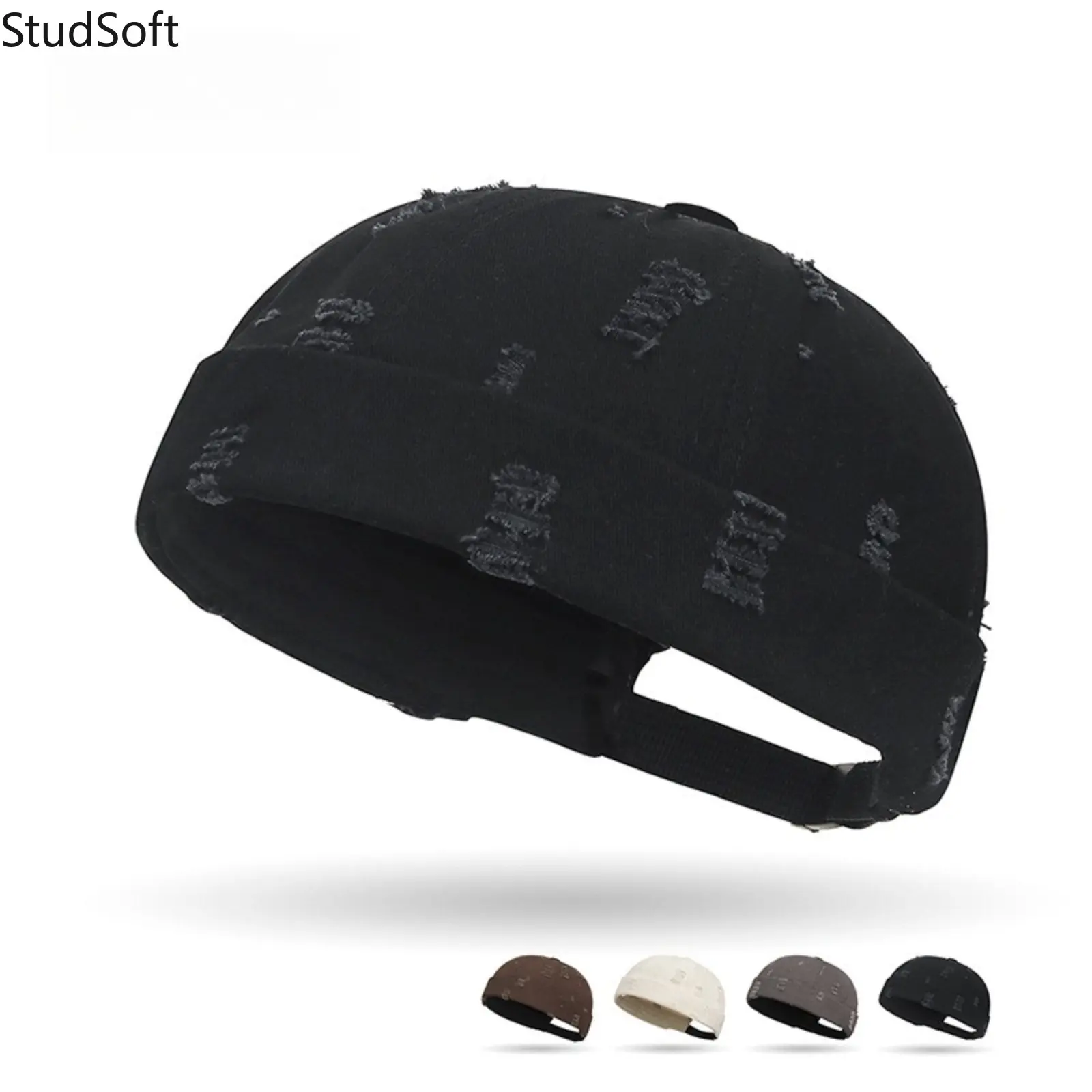 New Arrival Unisex Black Distressed Hip-Hop Solid-Color Street "Landlord" Brimless Skullcap, Retro Vintage-Washed Casual Hat, DIY Bag Accessory for Sports & Outdoor Use, Sports Enthusiasts, Clothing, Basic, One Size