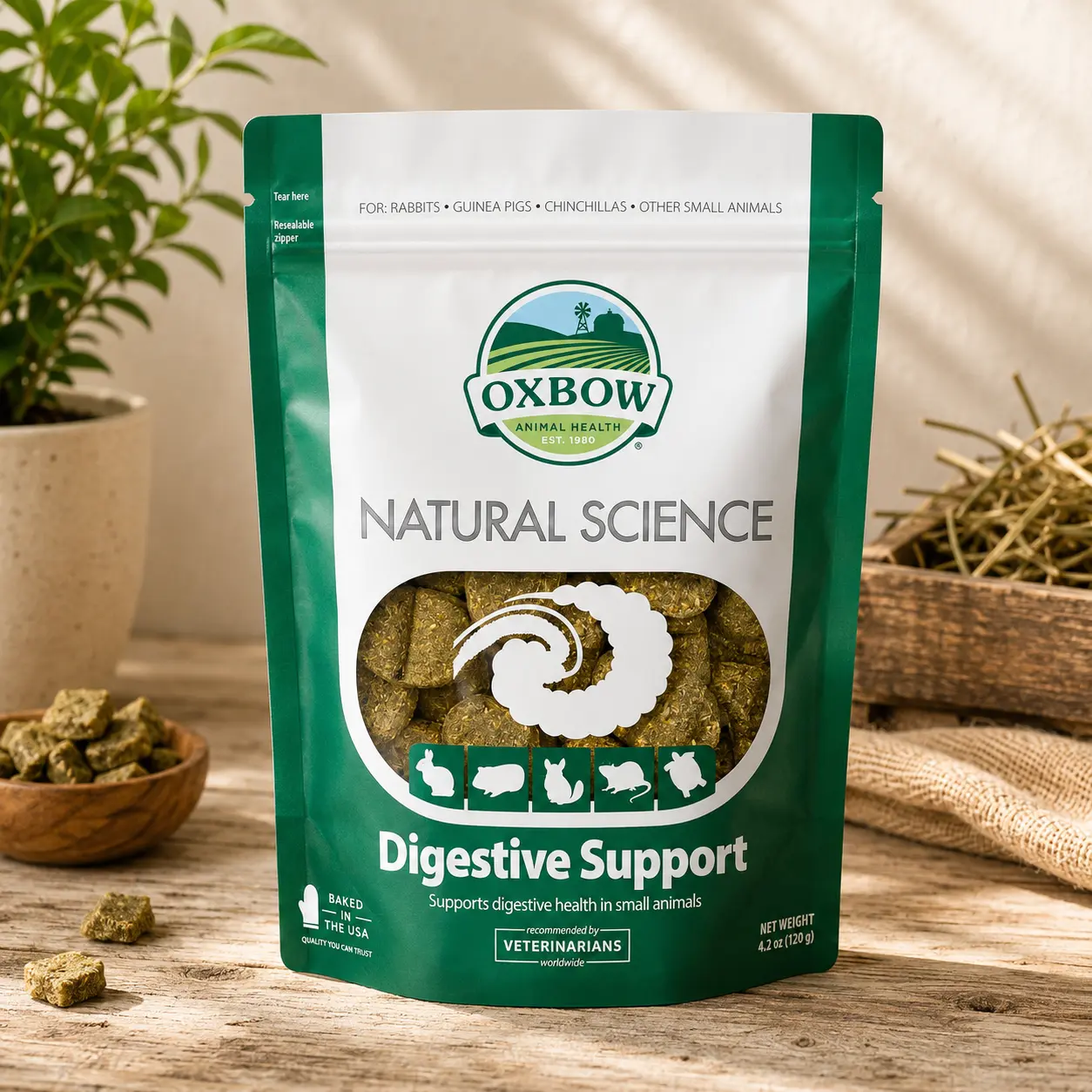 Oxbow Digestive Support Supplement for Rabbits & Guinea Pigs, Timothy Hay Base with Chicory Root, Ginger Root & Chamomile, 4.2 oz