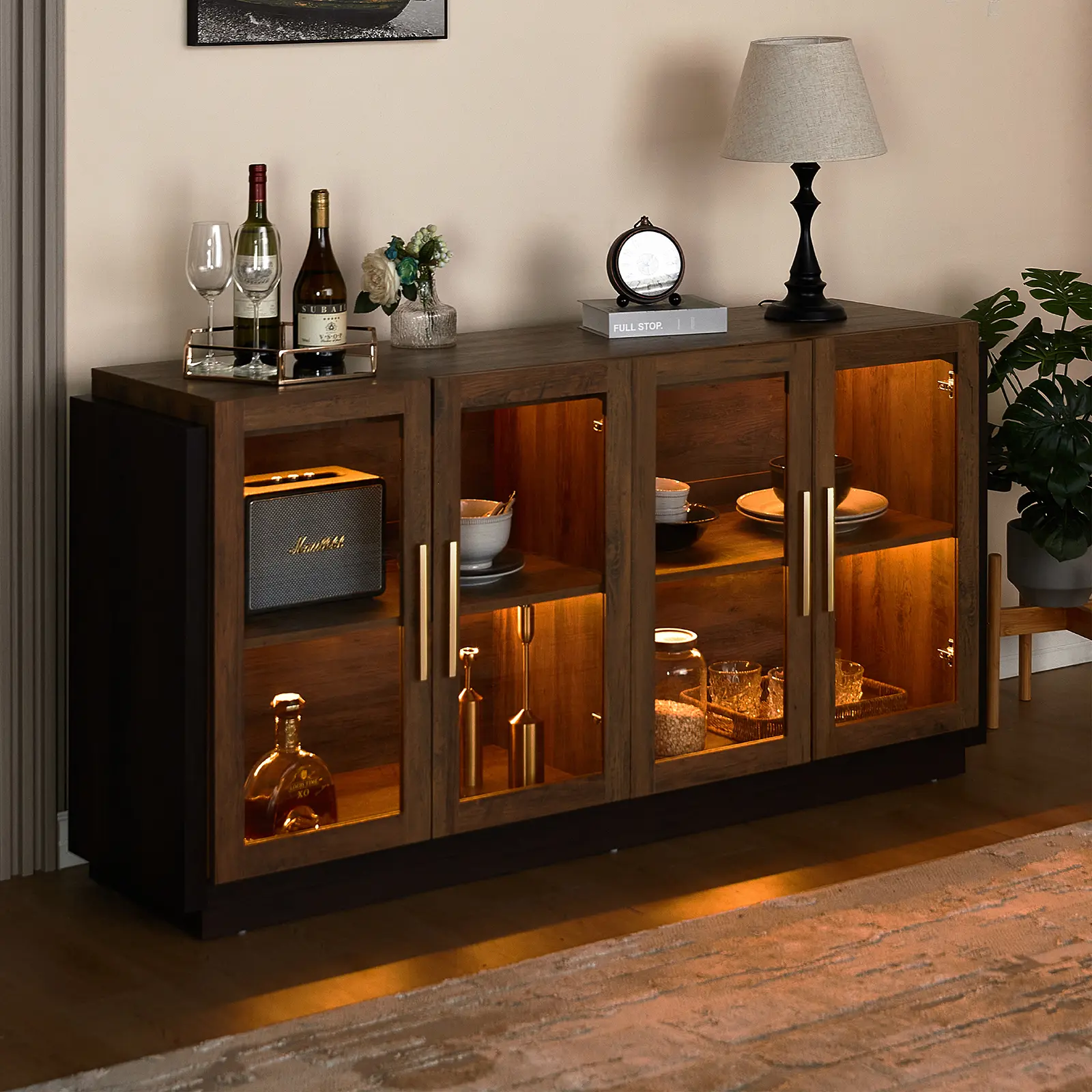 Amerlife 64-in Composite Wood Sideboard - Built-in Lighting Handle Sideboard, Adjustable Storage Buffet Cabinet, Modern Kitchen Cupboard with Glass Panels, Ideal Christmas Gift, Built-In Lighting Sideboards, Composite Wood Sideboards