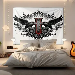 Gothic Raven & Ornate Cross Print Tapestry, Dark Mystic Themed Wall Hanging, Edgy Alternative Tapestries, Premium Soft Tapestrys with Flame Filigree & Drip Accents, Ideal for Bedroom & Gothic Home Decor