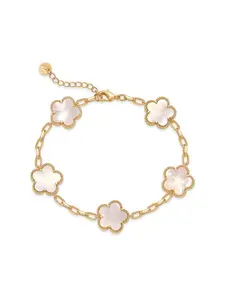 Women's Gold Plated Clover Bracelet, Pearl Shell and Agate Gem Lucky Flower Design, Adjustable Fashion Jewelry Gift