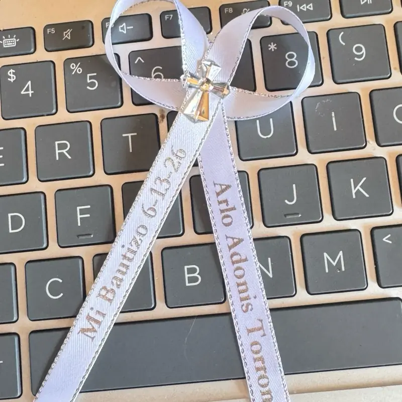 Custom Personalized Office Stationery Ribbons - Quinceanera Supplies, 2 Text Sides, 22 Characters per Tail, Personalized Text, Emerald Green/Gold Writing, Fuchsia Accents, for Baptism Handwritten Notes & Gold Ribbon Gifts, Add Personalization